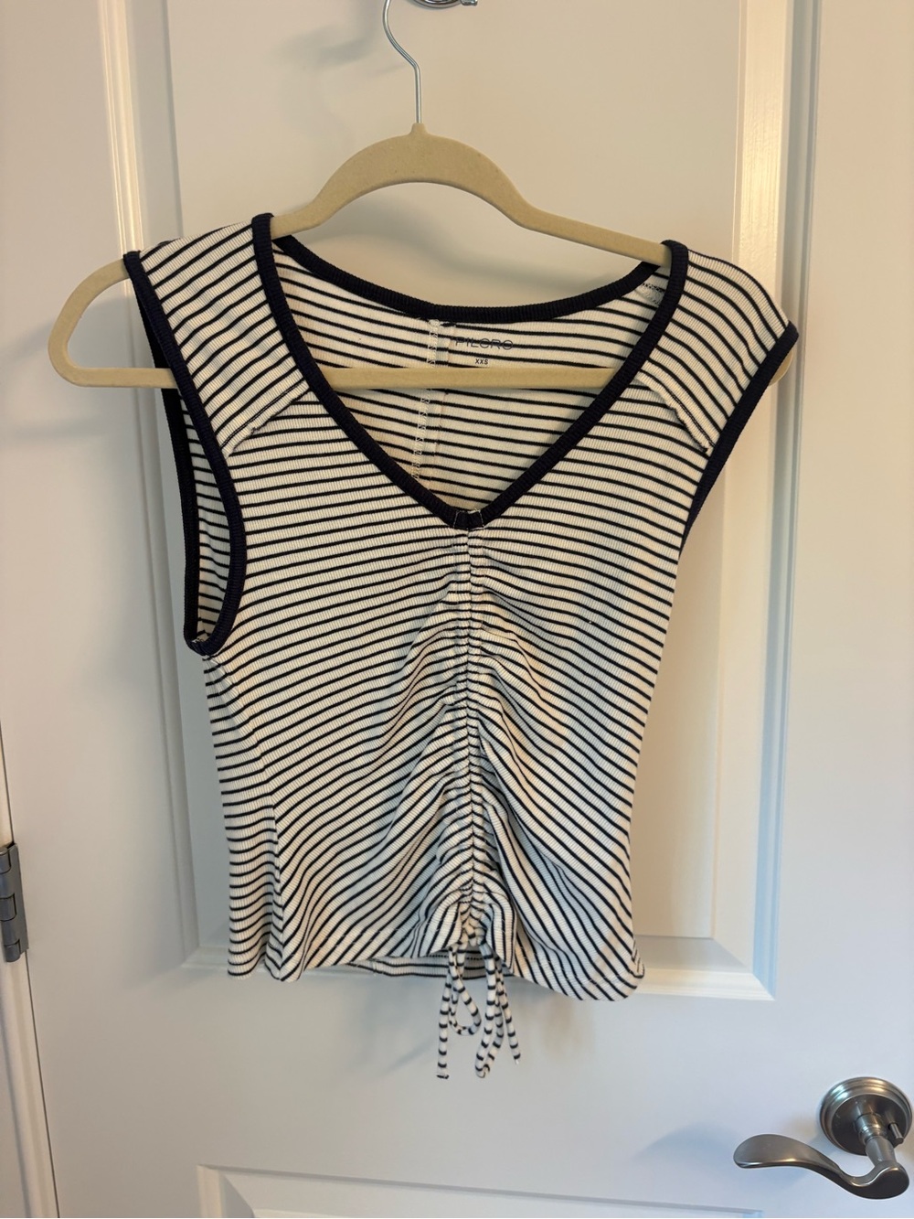 Pilcro Black & White Striped V-Neck Ruched Tank
